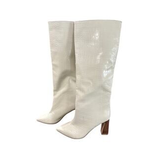Point Toe Heel Faux Snake Skin White Cream Knee-High Women's Boots Size 6
